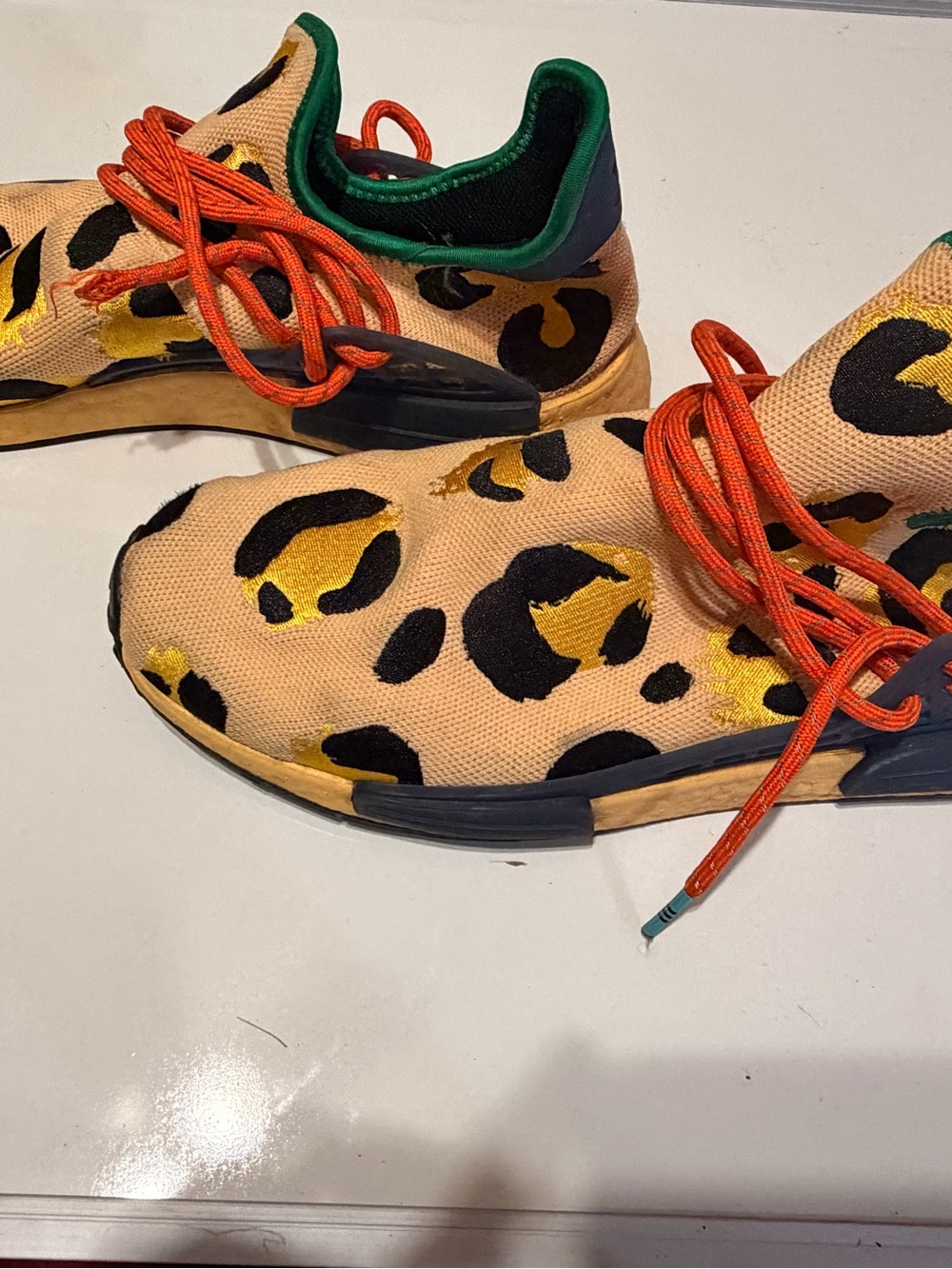 adidas Leopard Print Sneakers with Orange Laces and Green Trim